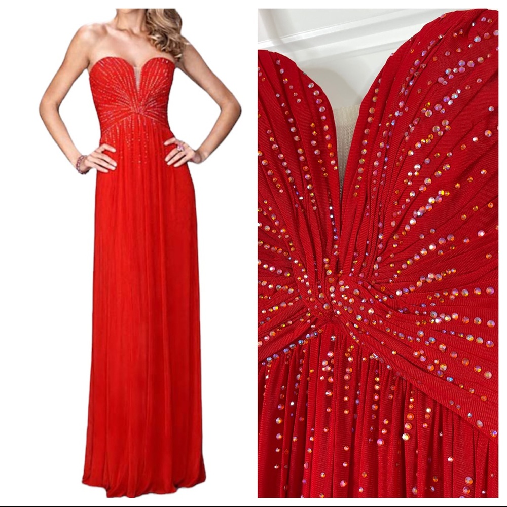LA FEMME Red Rhinestone Accent Strappy Open Back Strapless Gown NEW Size 2
